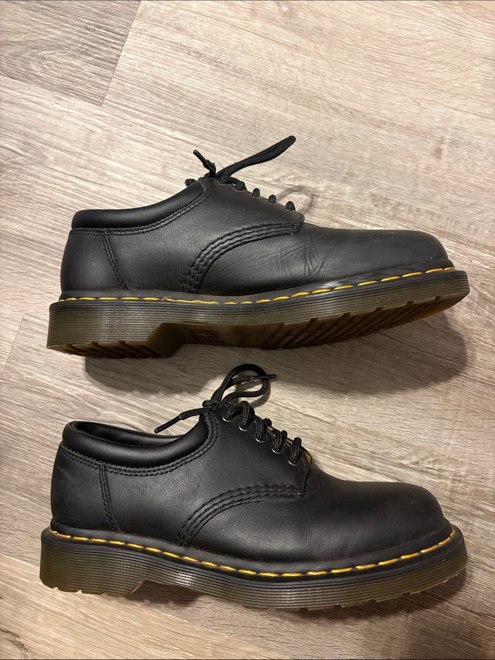 Dr. Martens Black Leather 5-Eye Derby Shoes with Yellow Welt Stitching